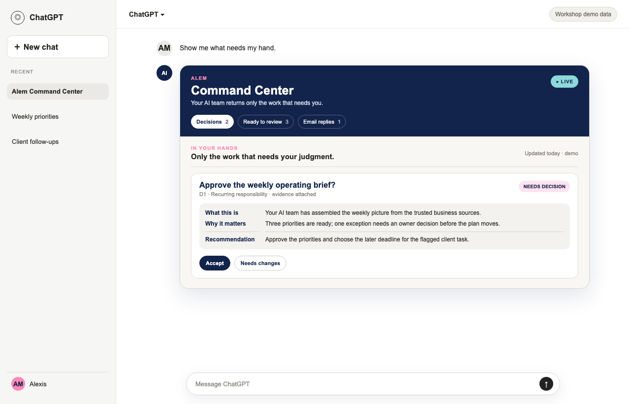 ChatGPT with the Alem Command Center pinned in the sidebar and open in the main workspace